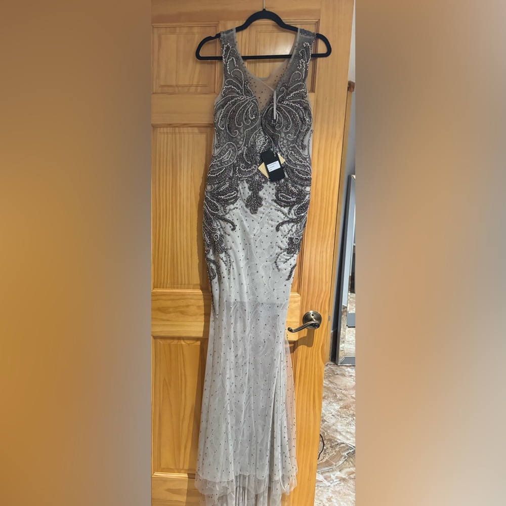 Alberto Makali Gray Embellished Evening Gown